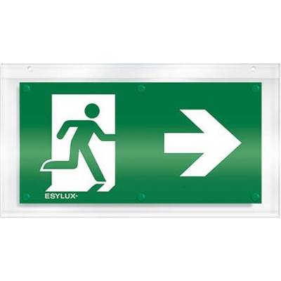 Panneau de sortie de secours vert avec pictogramme d'un petit bonhomme en train de courir, orienté vers la droite, avec une flèche indicative au premier plan.