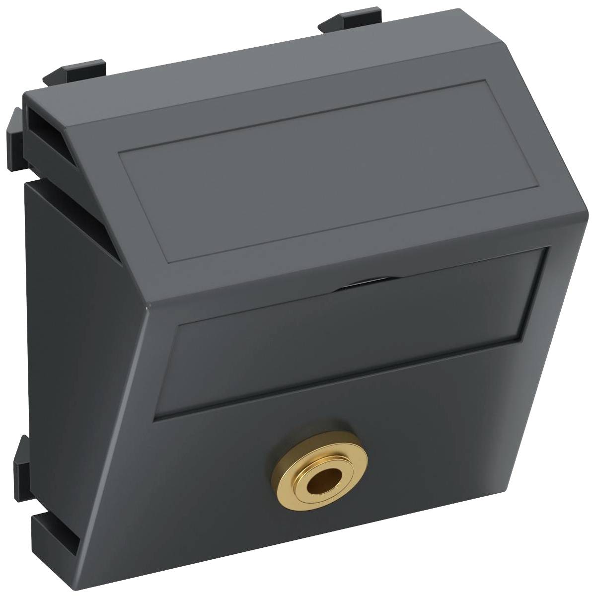 Un connecteur mural noir pour câble jack avec embase dorée, de forme rectangulaire, adapté pour la connexion d'appareils audio.