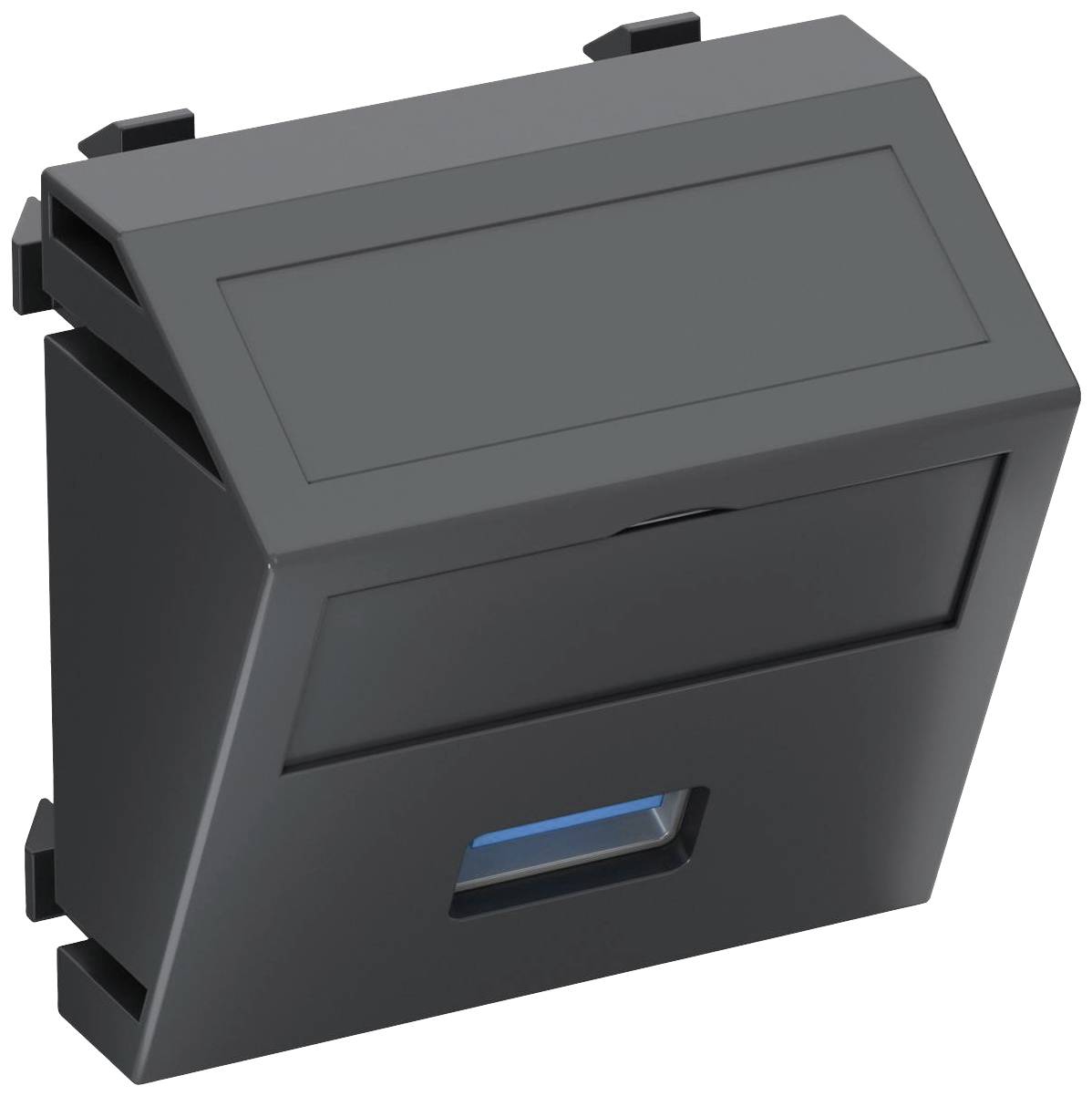 Prise électrique rectangulaire noire avec voyant lumineux bleu, adaptée pour une installation murale dans des systèmes électriques modernes.