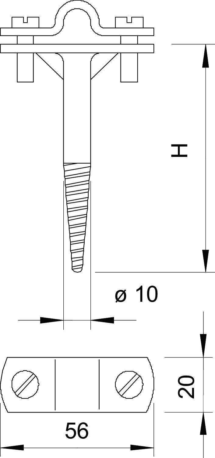 Dessin technique d'un goujon d'ancrage avec dimensions. Longueur 'H', largeur 56 mm, diamètre ø 10 mm, hauteur 20 mm.
