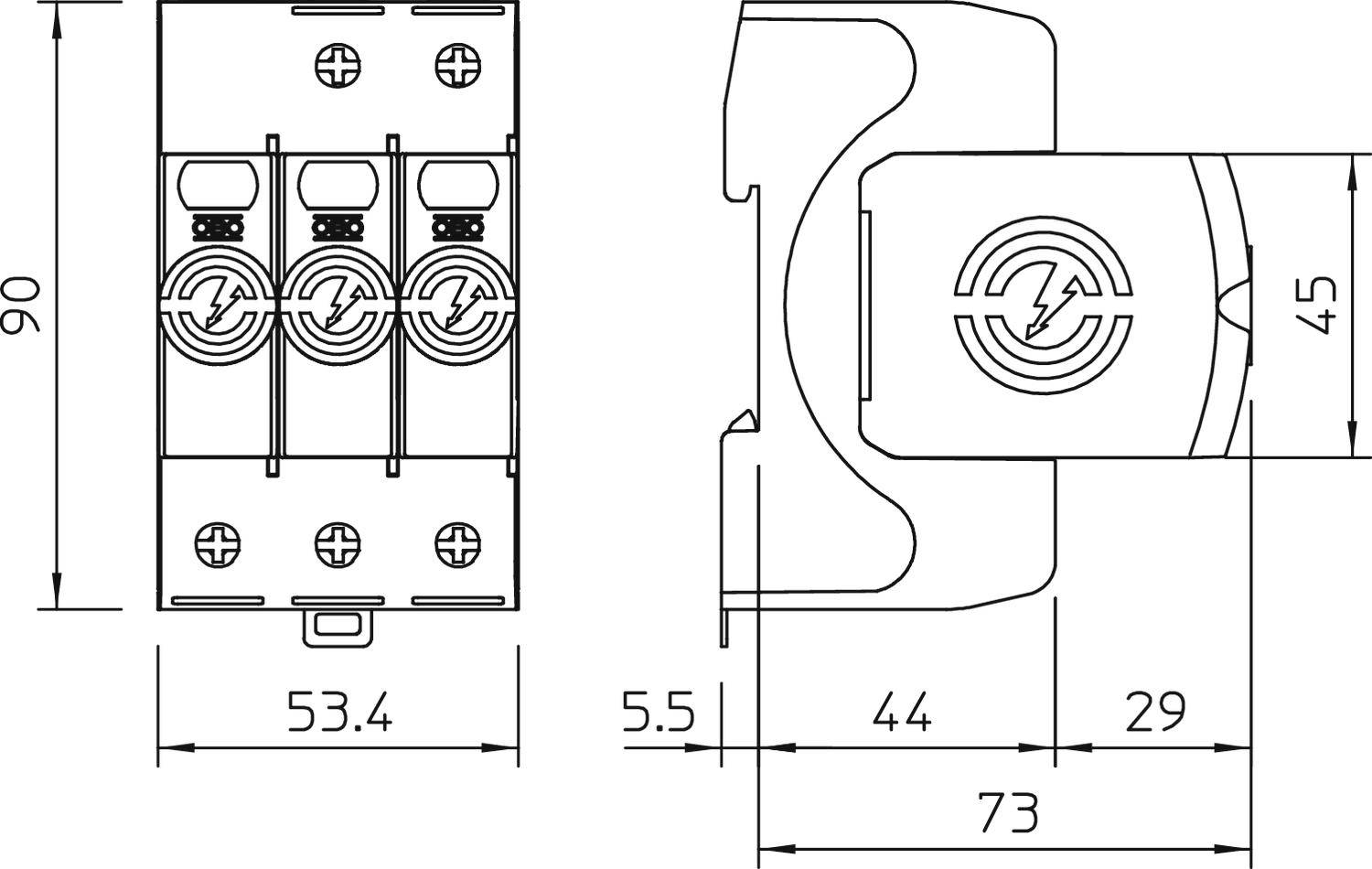 Dessin technique d'un composant électrique avec dimensions en millimètres : hauteur 90, largeur 53,4, profondeur 73. Présente trois cercles avec des symboles.