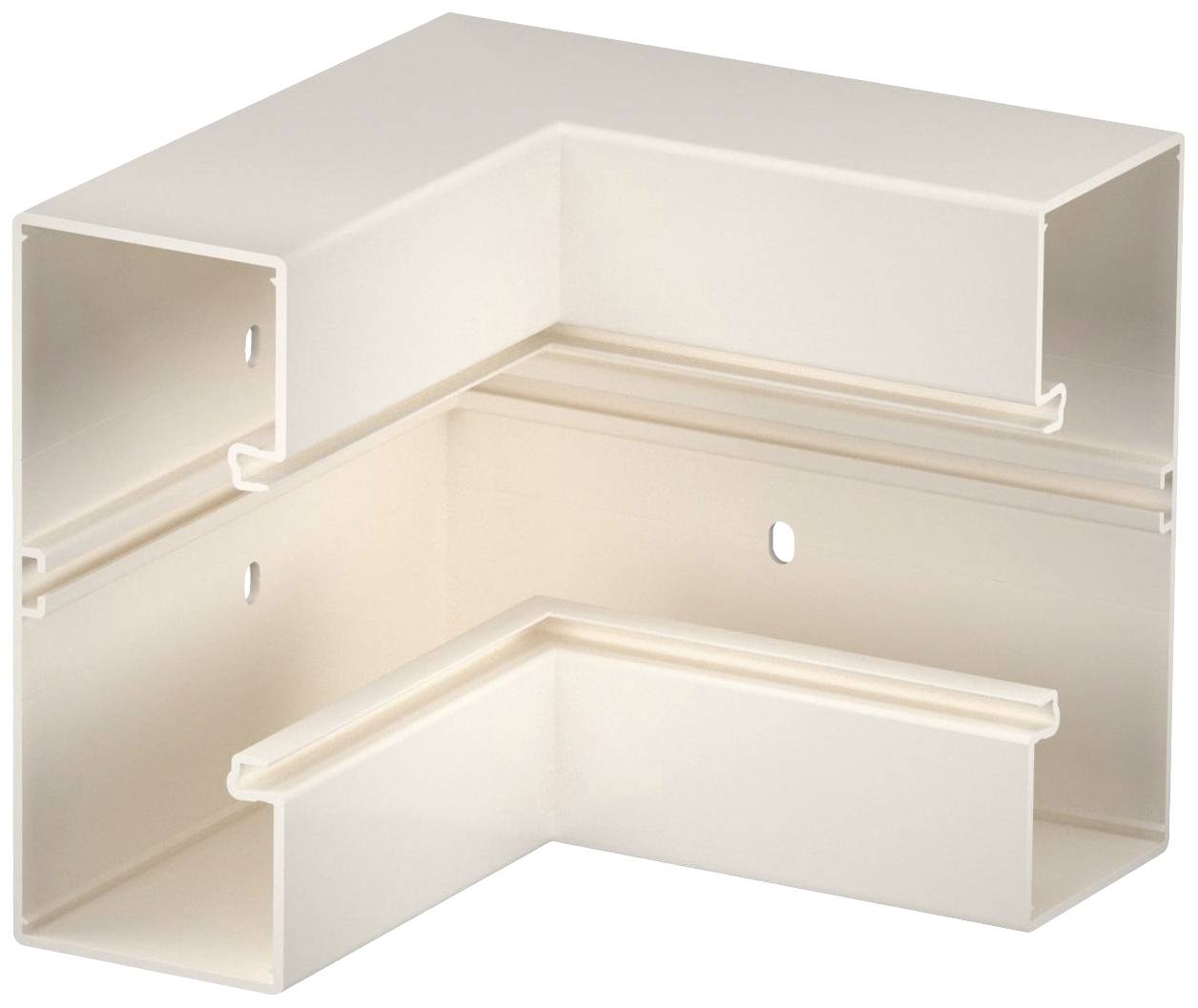 Pièce d'angle en plastique clair pour goulotte de câbles. Utilisée pour relier des goulottes de câbles autour d'un angle.