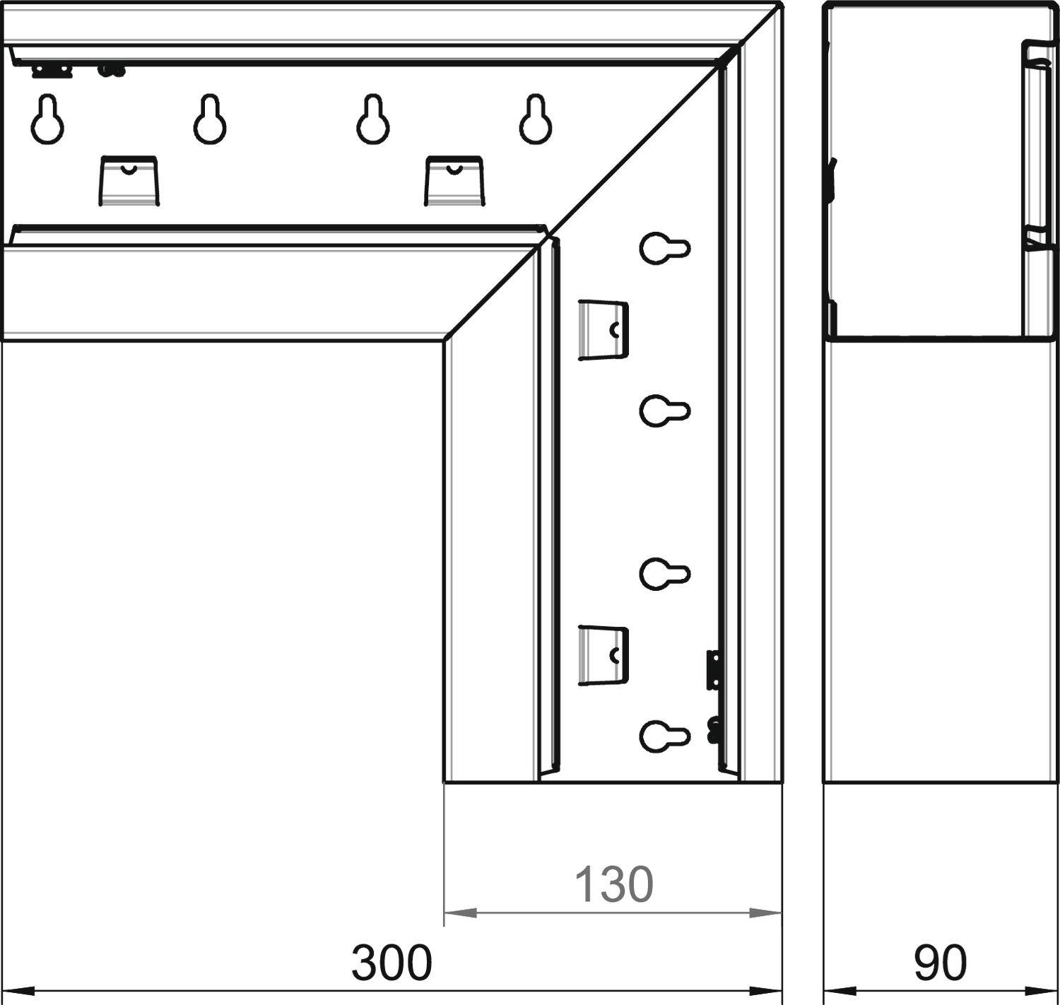Dessin technique d'un profilé métallique rectangulaire avec des attaches et différentes dimensions.
