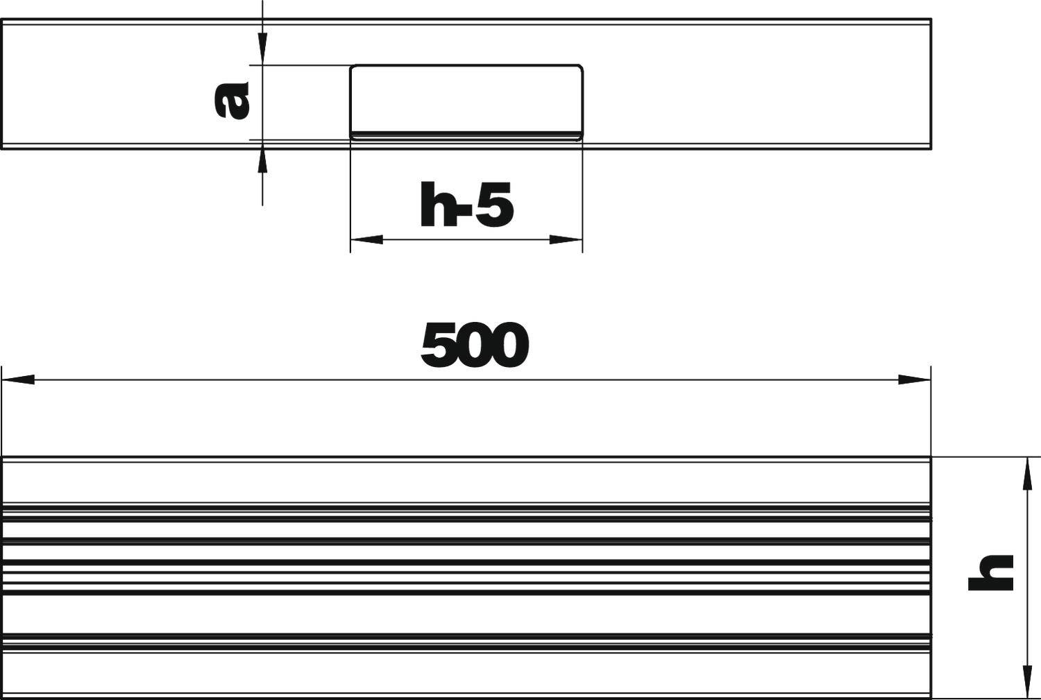 Dessin technique d'un objet rectangulaire, dimensions : largeur '500', hauteur 'h', ligne de cote supplémentaire 'a', section supérieure 'h-5'.