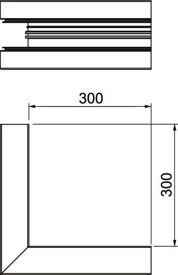 Dessin technique d'un objet carré de dimensions 300 x 300 mm. Vue en coupe en haut avec des lignes.