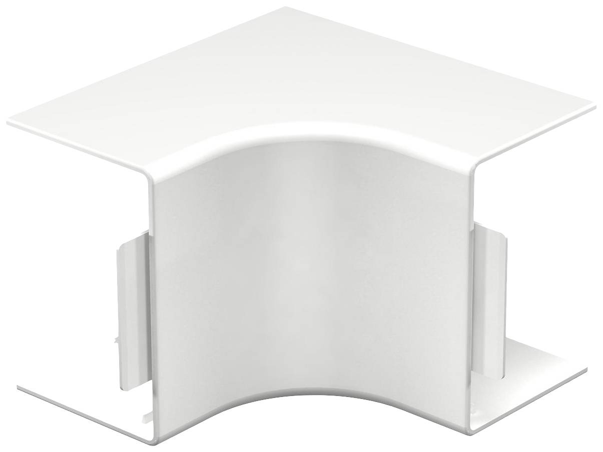 Raccord d'angle blanc en plastique, utilisé pour connecter des goulottes de câbles à un angle de 90 degrés afin de réaliser une installation propre et soignée.