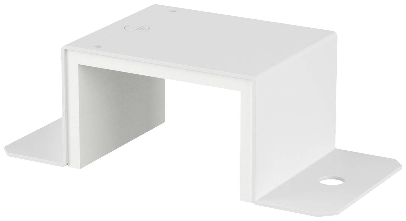 Un support métallique blanc avec une ouverture rectangulaire et des trous de fixation sur les pieds, idéal pour un montage mural.