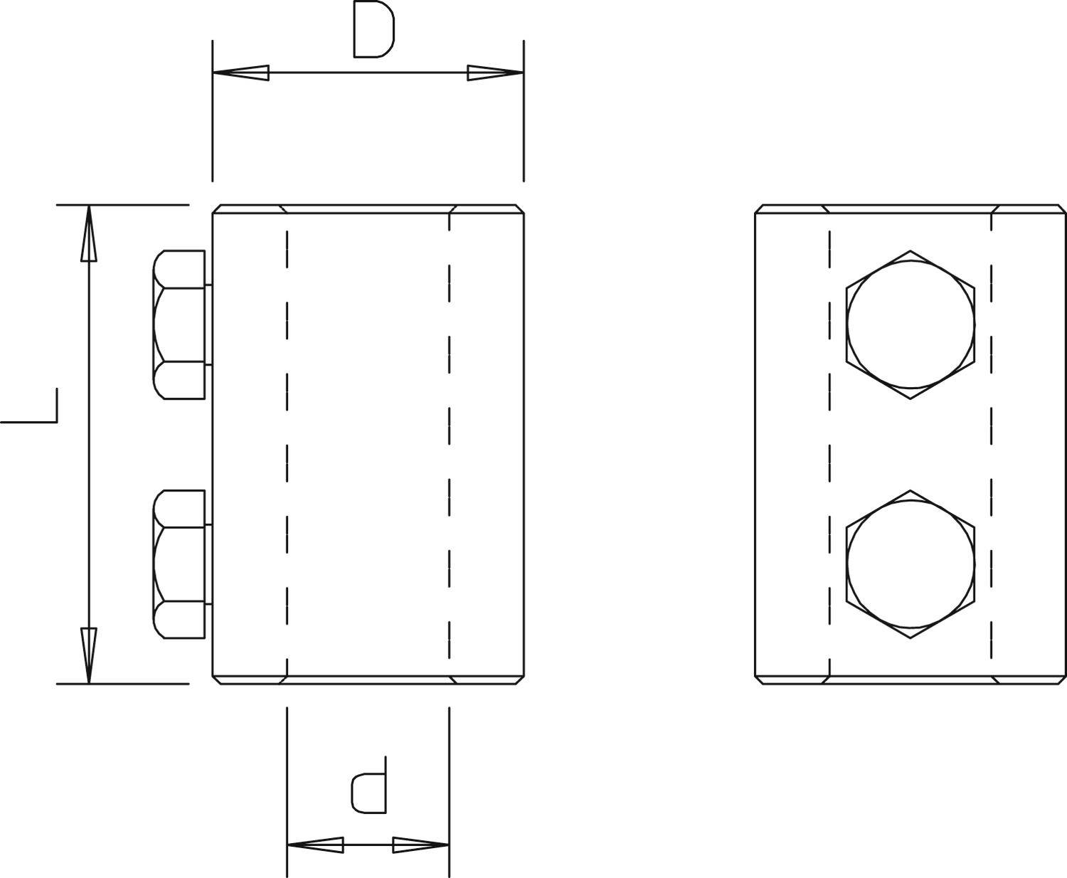 Dessin technique d'un composant avec deux vues. Les dimensions D, L et d sont indiquées. Caractéristiques principales et trous de vis visibles.