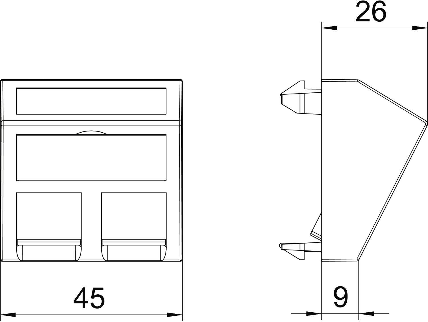 Dessin technique d'un emplacement rectangulaire avec les dimensions suivantes : largeur de 45 mm, profondeur de 26 mm, hauteur de 9 mm. Vue de côté avec des clips.