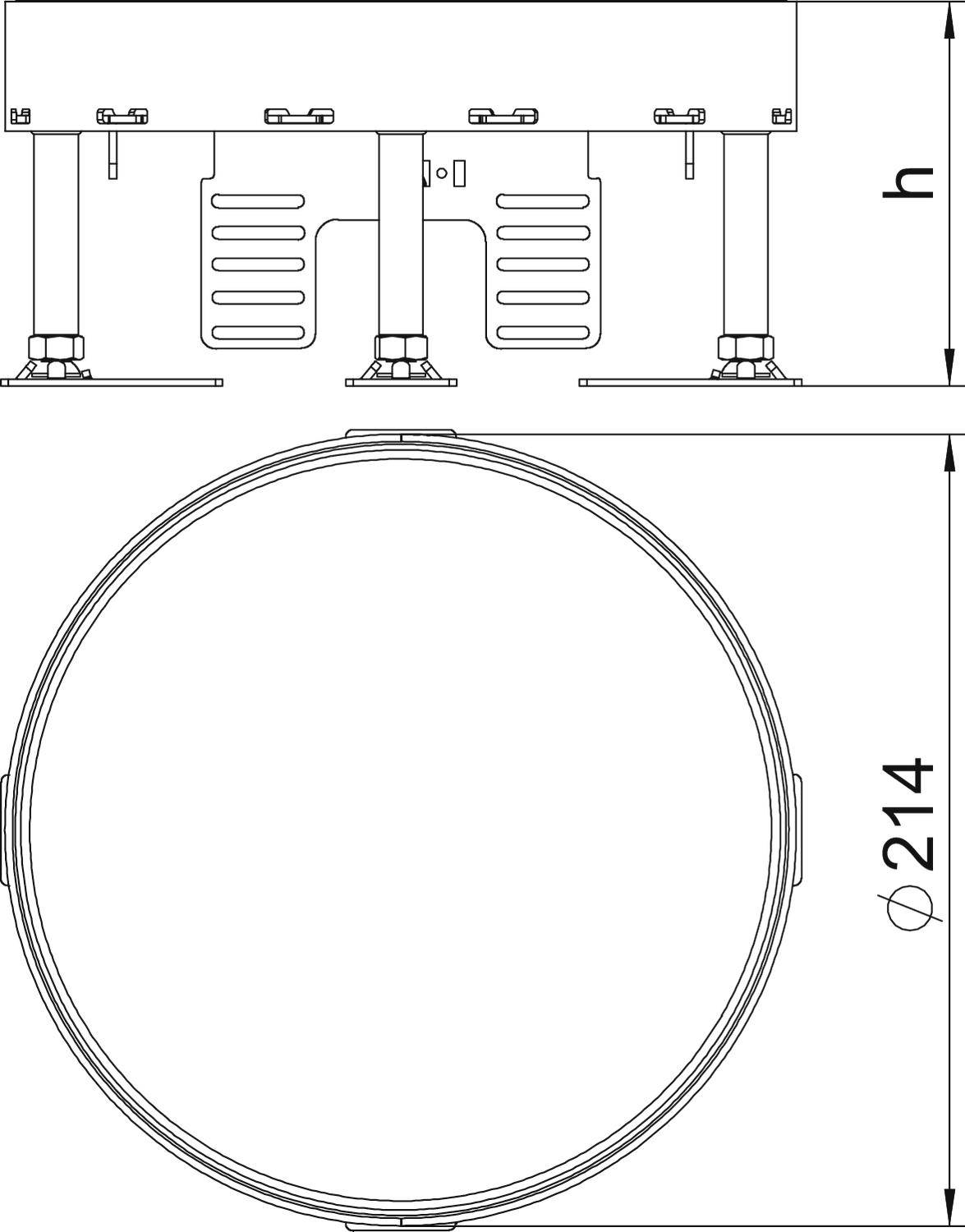 Dessin technique d'un objet rond de diamètre 214 mm et de hauteur 'h', vue latérale en haut, vue de dessus en bas.