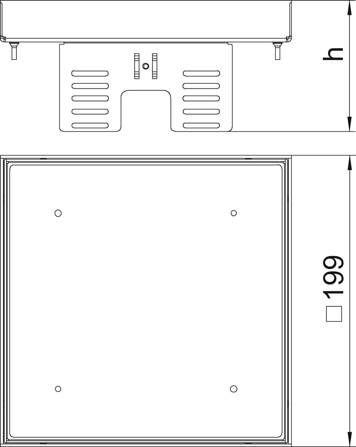 Dessin technique d'un composant rectangulaire avec dimensions : largeur 199 mm, hauteur marquée par 'h'. Fentes et trous visibles en haut.