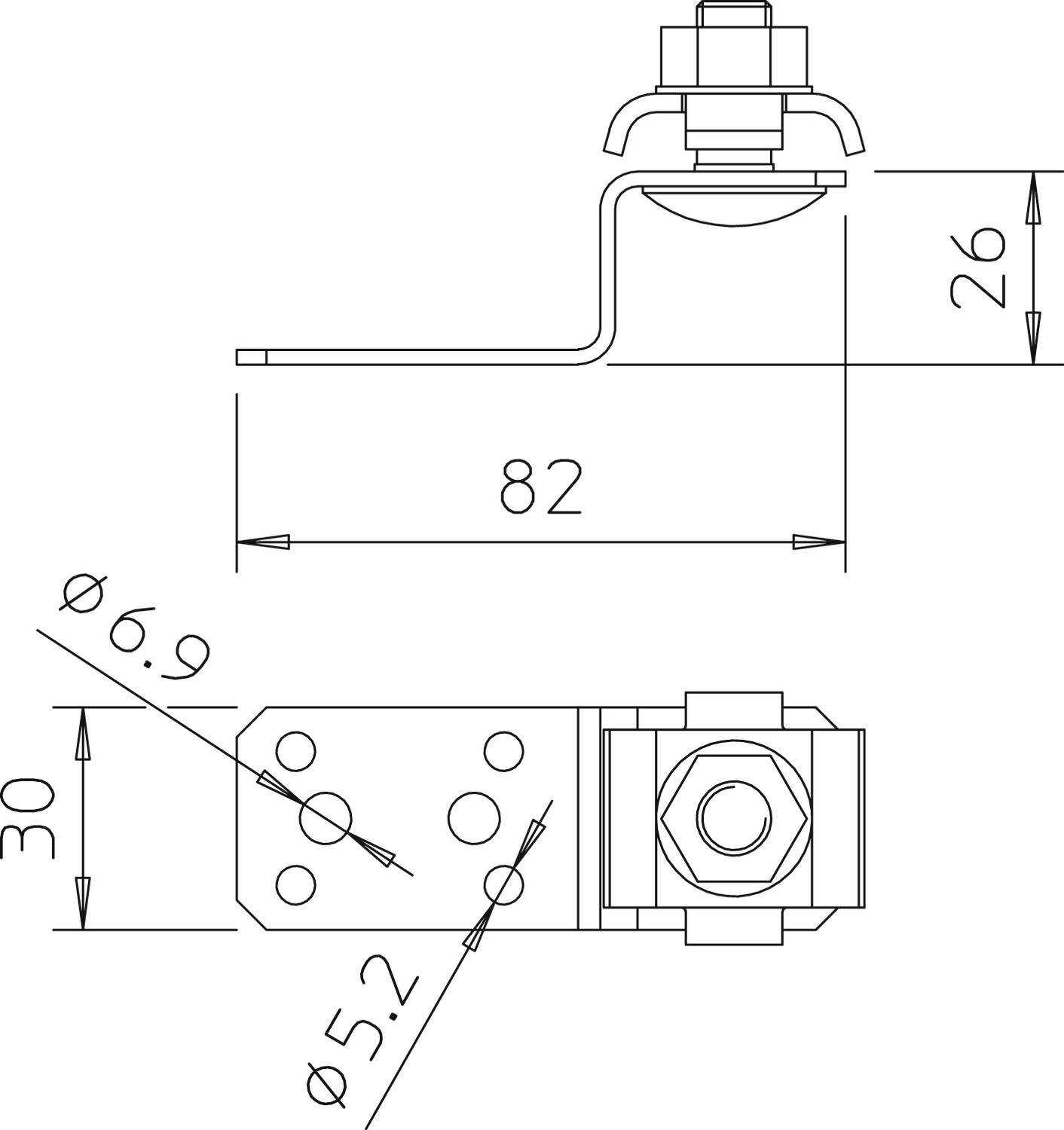 Dessin technique d'un équerre métallique avec dimensions : Longueur 82 mm, Largeur 30 mm, Hauteur 26 mm. Diamètre des trous de vis : 6,9 mm et 5,2 mm.