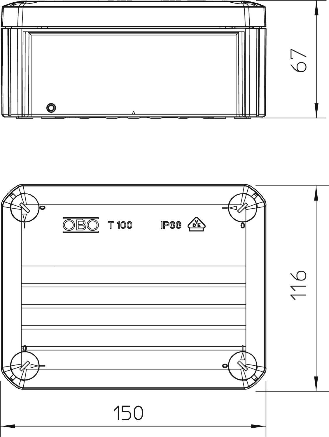 Dessin technique d'un boîtier rectangulaire aux dimensions 150 x 116 x 67 mm. En haut : vue latérale ; En bas : vue de dessus avec trous de fixation.