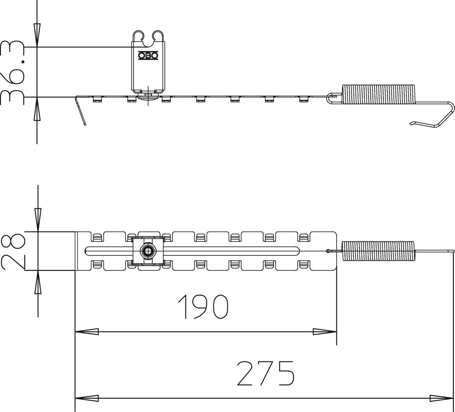 Dessin technique d'une charnière à système de ressort. En haut : Largeur totale 36 mm. En bas : Dimensions détaillées 190 mm et 275 mm le long de la bande.