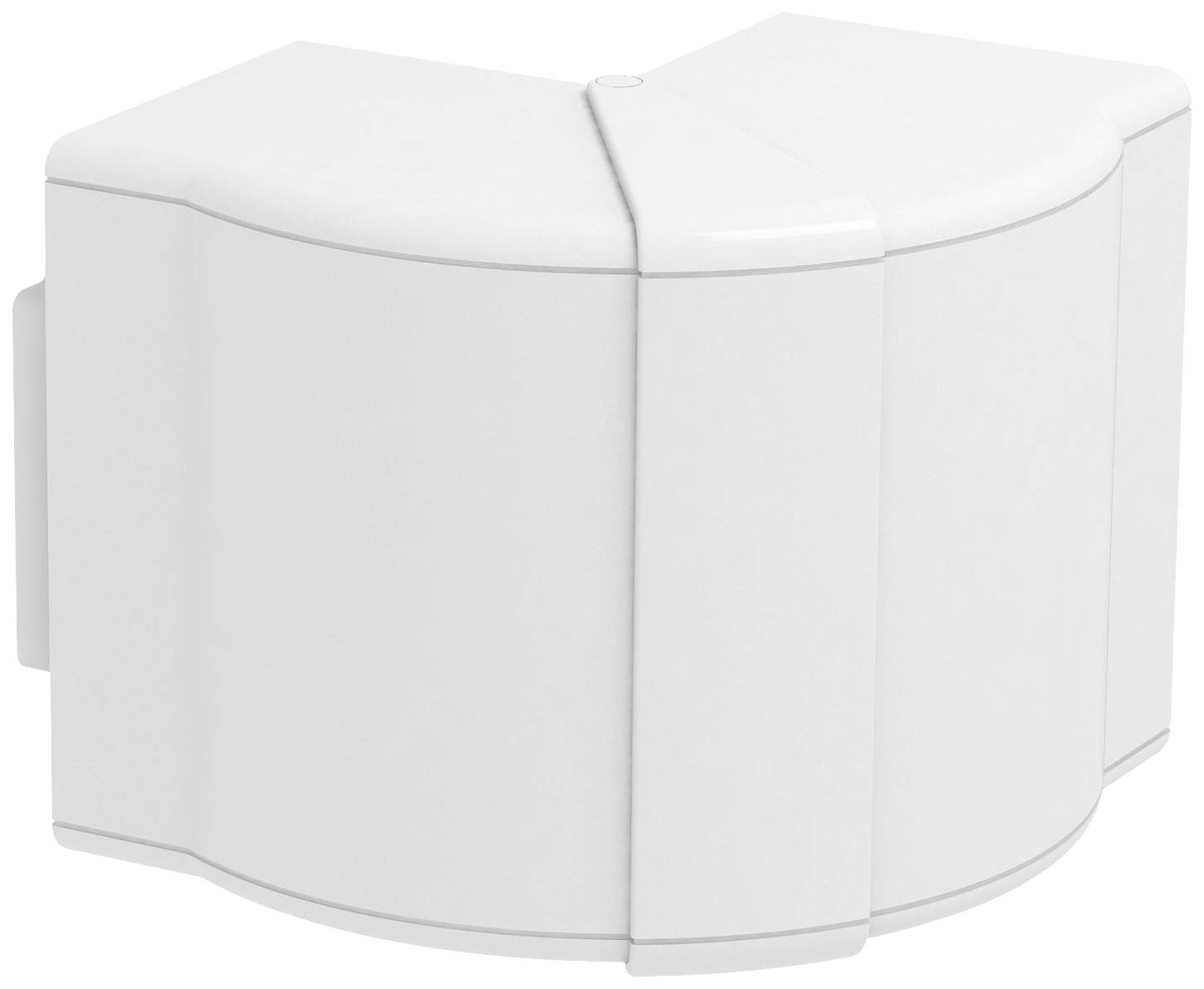 Un connecteur d'angle blanc à trois parties avec une surface lisse et courbée, utilisé pour des connexions modulaires d'appareils.