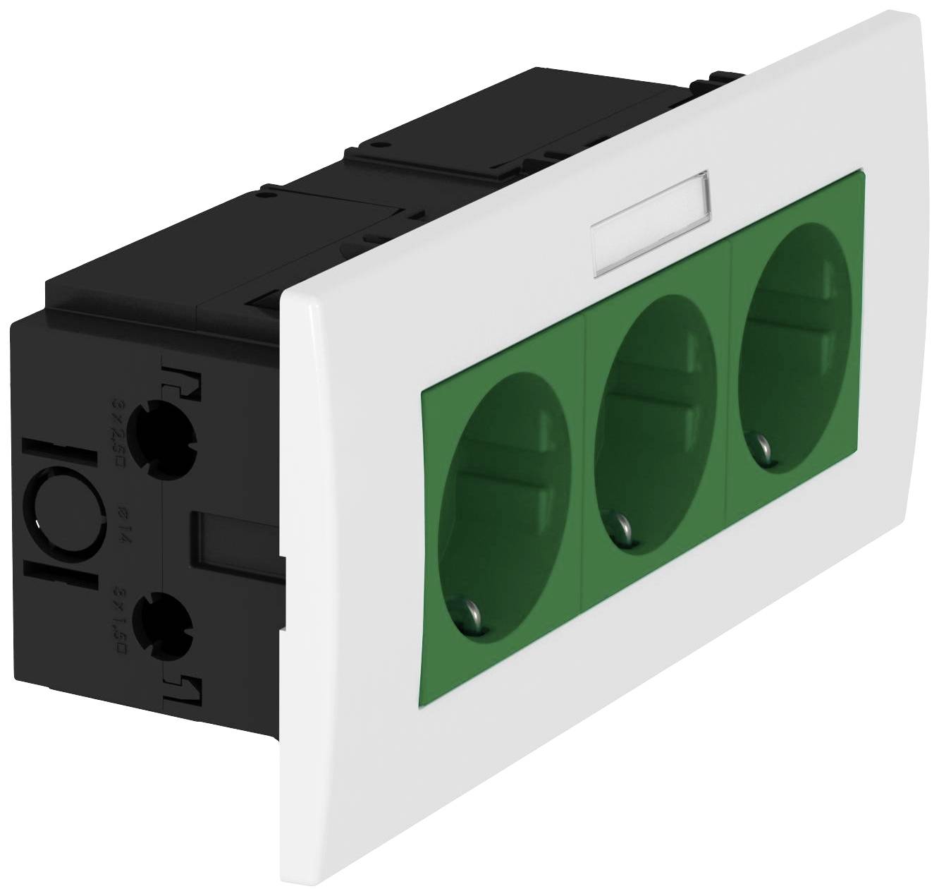 Barrette multiprise blanche avec trois emplacements verts disposés sur le côté.