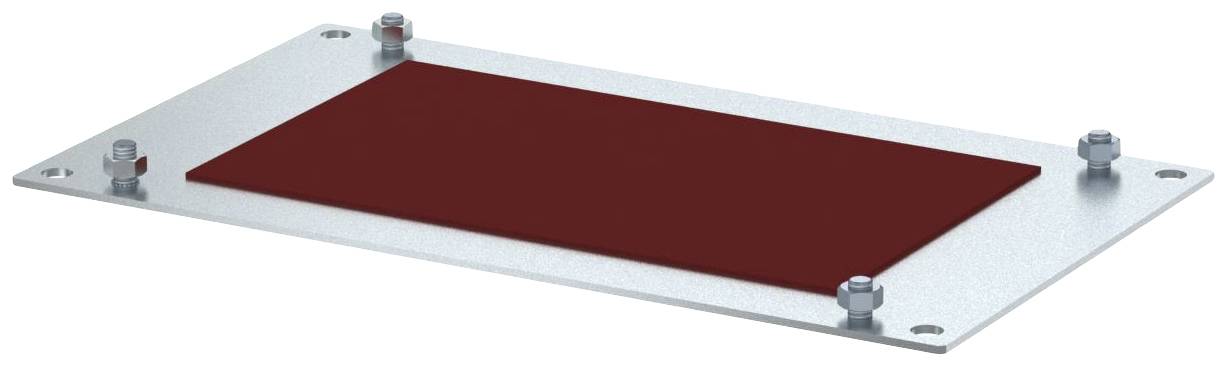 Plaque métallique avec quatre vis visibles aux coins et un renfoncement rectangulaire central de couleur rouge foncé.