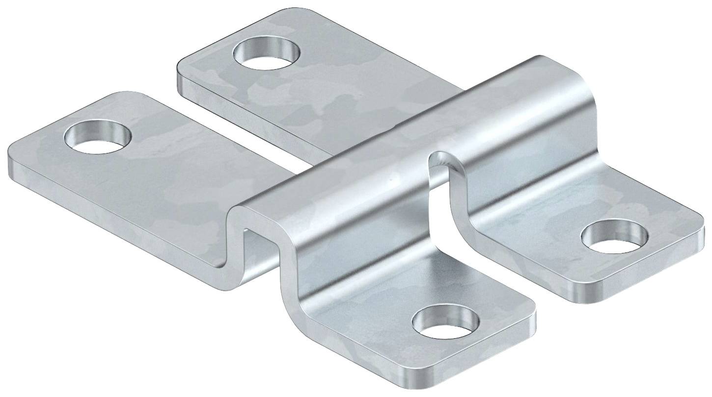 Support métallique à quatre trous, adapté pour la fixation sur des surfaces. Couleur argentée, design symétrique.