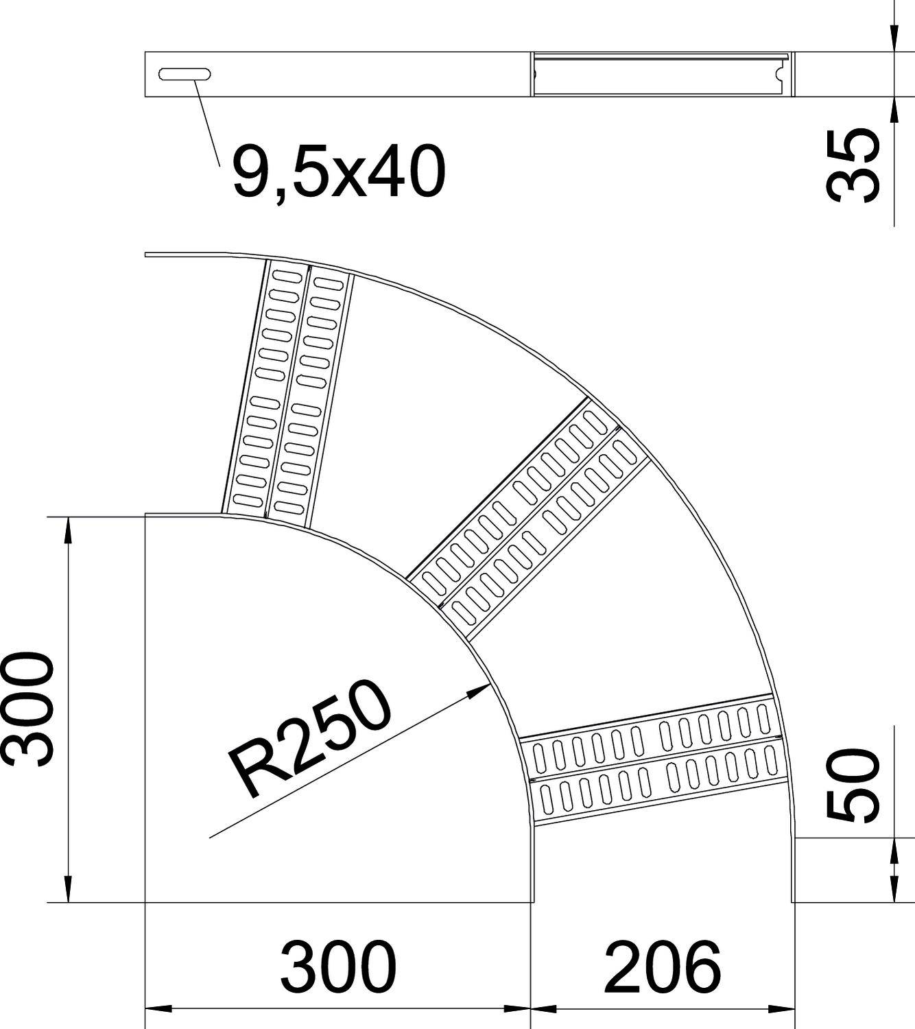 Dessin technique d'un composant incurvé avec dimensions : rayon 250, hauteur 300, largeur 206. Illustre l'espacement et les ouvertures.