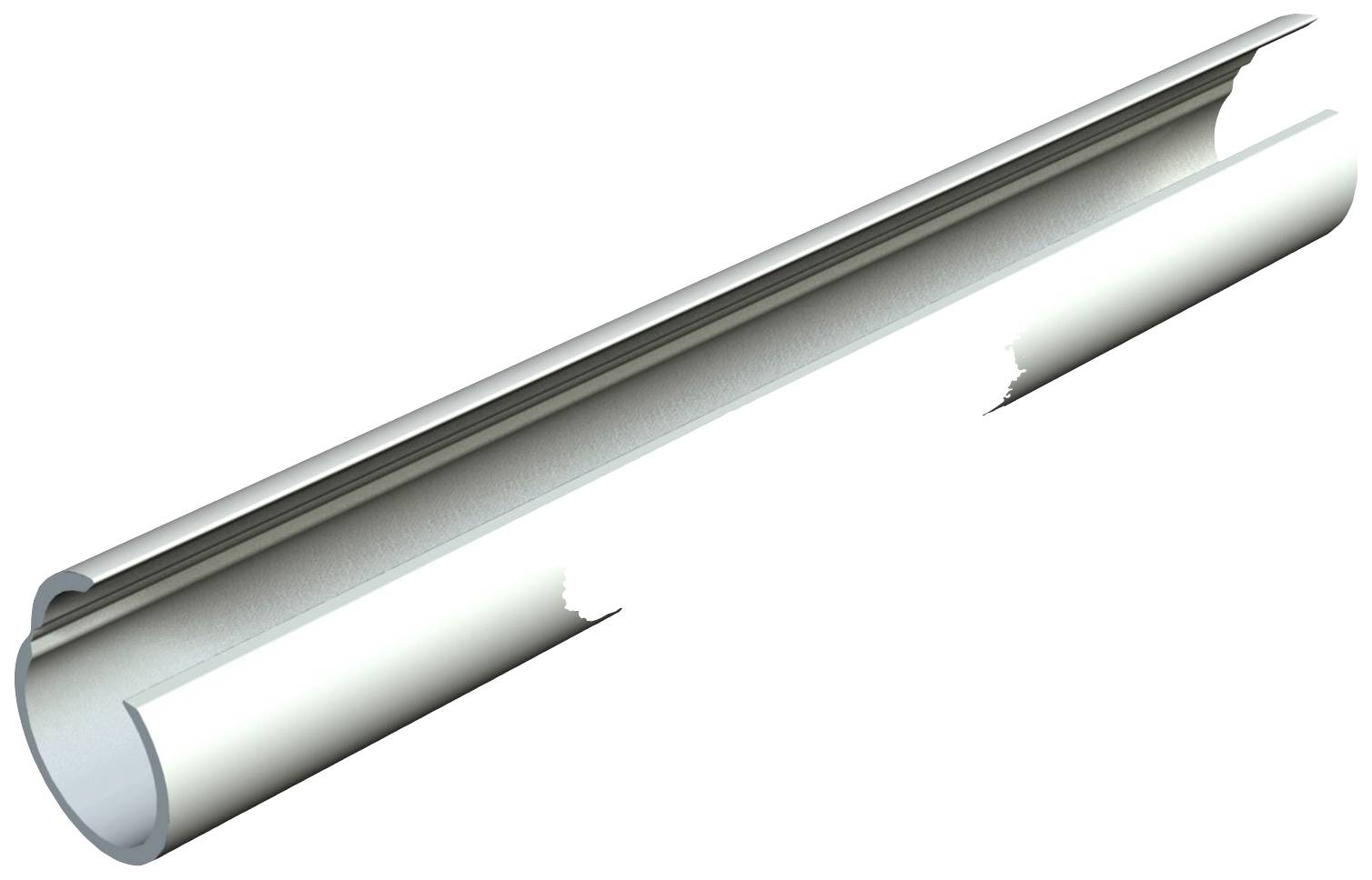 Un profilé semi-circulaire en aluminium argenté, de forme cylindrique, utilisé dans les applications architecturales.