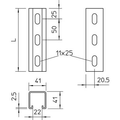 Dessin technique d'un profilé en U avec dimensions : Longueur 41 mm, Largeur 22 mm, Perçages 11x25 mm. Vue latérale et vue de face présentées.