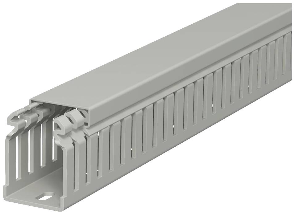 Un conduit de câbles en plastique gris avec des côtés ouverts pour le câblage.