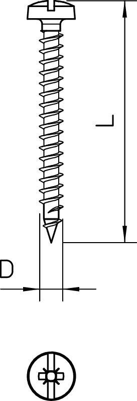 Dessin technique d'une vis cruciforme avec lignes de cotes ; montre la longueur, le diamètre et le type de fixation.