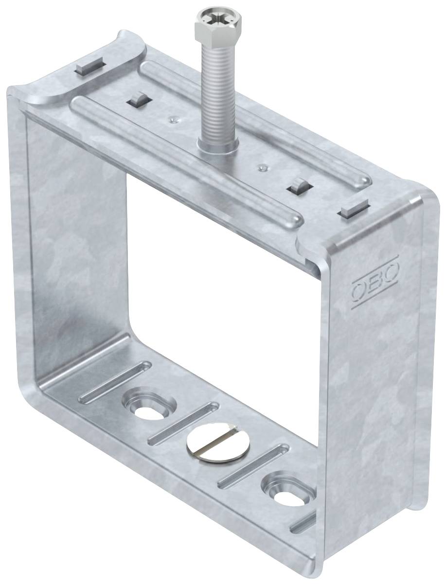 Support de fixation métallique rectangulaire avec vis. Utilisé pour la fixation et le support de composants dans les installations de construction ou électriques.
