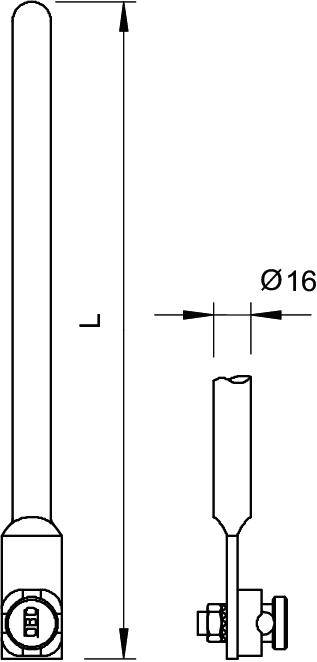 Dessin technique d'une antenne cylindrique avec la dimension variable 'L'. Diamètre 16 mm, vue latérale et frontale.