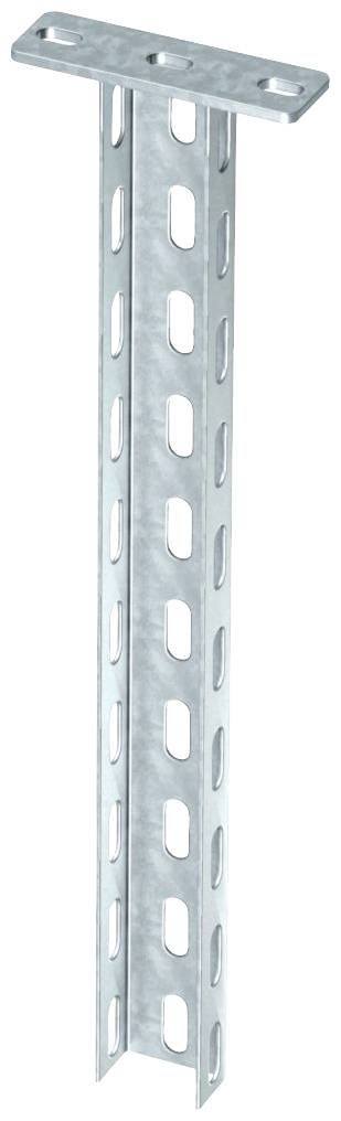Un profilé en acier galvanisé avec des ouvertures rectangulaires, de structure en forme de T. Utilisé pour des applications de construction et de fixation.