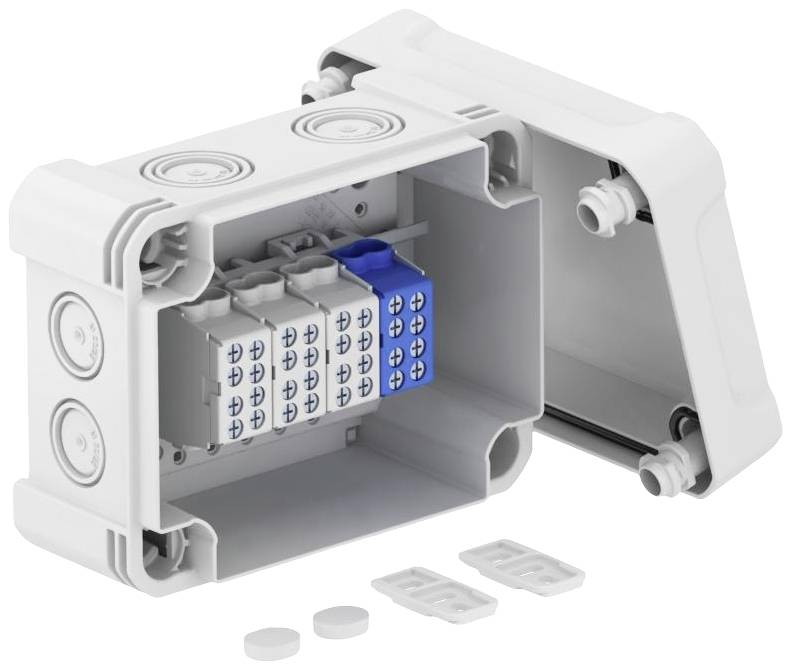 Boîte de dérivation étanche ouverte, avec connexions internes visibles. Le couvercle est légèrement retiré. Adaptée pour une utilisation en extérieur.