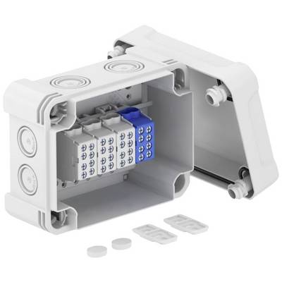 Boîte de dérivation étanche ouverte, avec connexions internes visibles. Le couvercle est légèrement retiré. Adaptée pour une utilisation en extérieur.