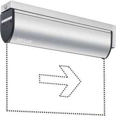 Appareil métallique fixé au mur, avec un symbole d'interrupteur et une flèche vers la droite ; probablement un système de flux d'air ou d'éclairage.