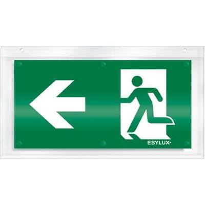 Panneau de sortie de secours avec une flèche pointant vers la gauche et un pictogramme d'une personne courant à travers une porte.