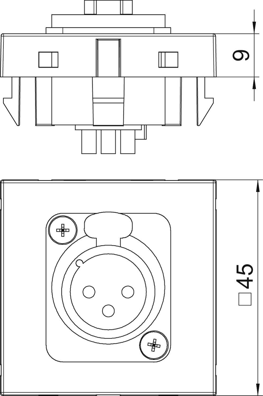 Dessin technique d'une prise électrique avec dimensions. Vue latérale en haut avec une hauteur de 9 mm, vue de face en bas avec une largeur de 45 mm.