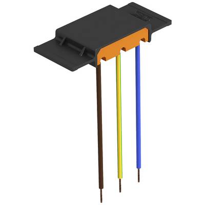 'Illustration d'un connecteur électrique avec un boîtier noir et quatre fils de couleurs : marron, jaune/vert, bleu et noir.'