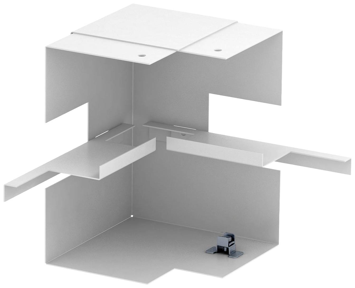 Rendu 3D d'une structure géométrique blanche avec des surfaces rectangulaires et un petit objet noir au sol.