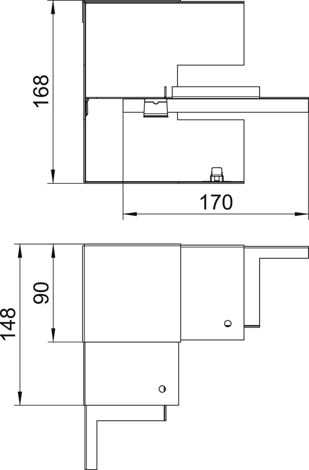 Dessin technique de deux vues en coupe d'un composant avec dimensions : 168 mm x 170 mm et 148 mm x 90 mm, dimensions importantes indiquées.