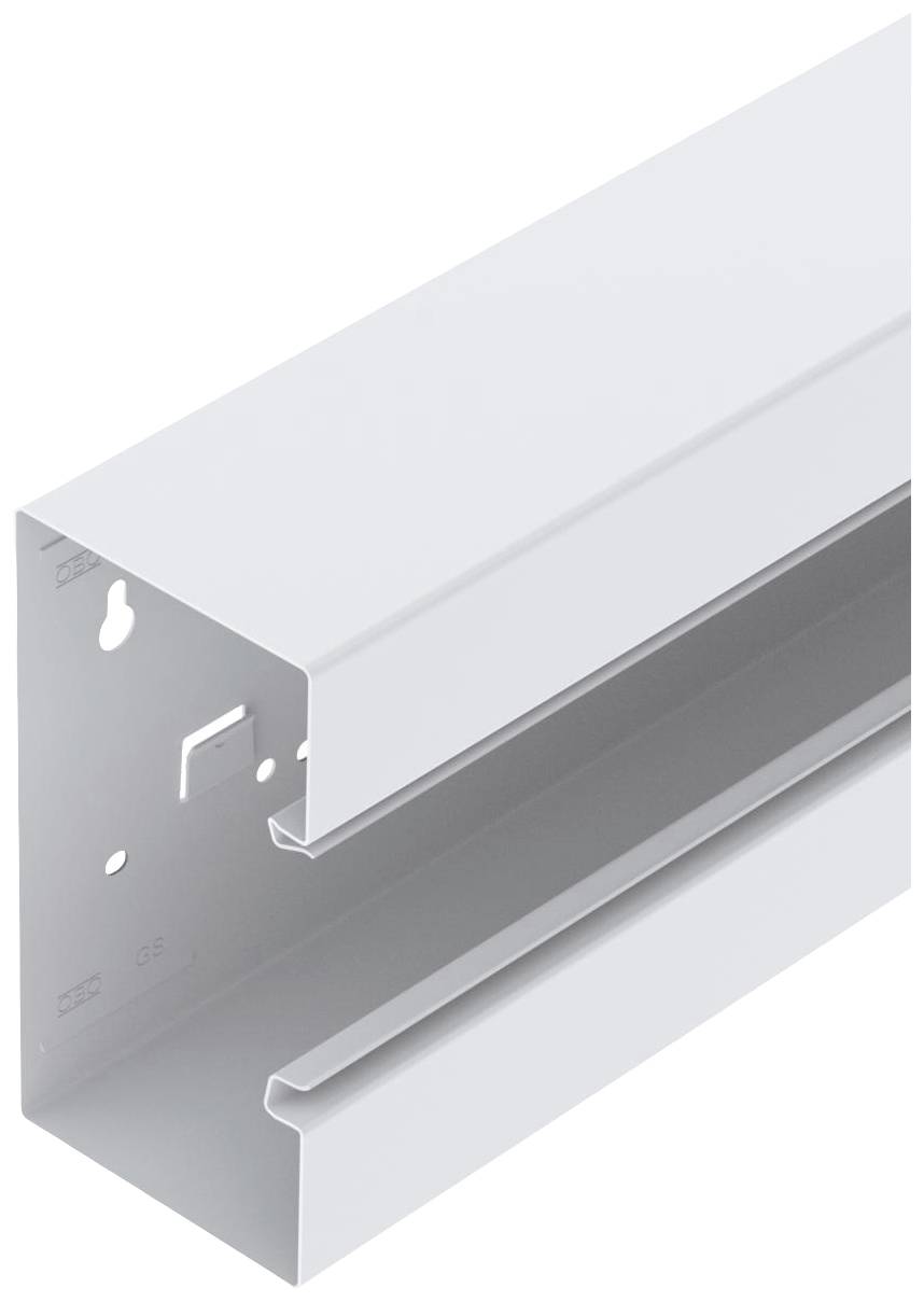 Profilé métallique en forme de L, blanc, avec des découpes sur les côtés. Utilisé pour les installations de construction ou la gestion de câbles.