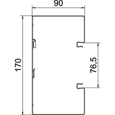 'Vue latérale d'un objet rectangulaire avec dimensions totales de 90x170 mm ; section de 76,5 mm mise en évidence ; dessin technique.'