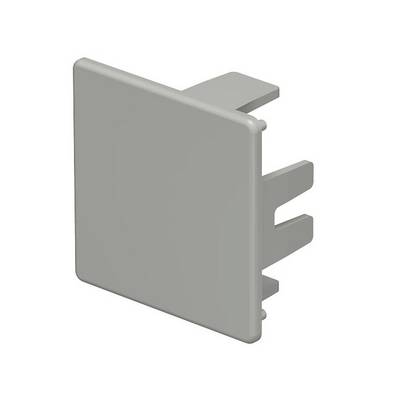 Bouchon gris en plastique avec deux crochets, probablement utilisé pour couvrir ou fermer des connexions ou des ouvertures électriques.