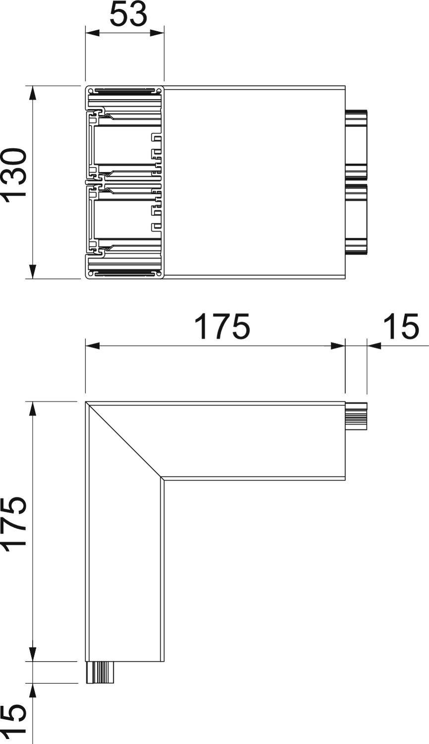 Dessin technique d'un tube rectangulaire avec deux vues. Dimensions : hauteur 130 mm, largeur 53 mm, longueur 175 mm.