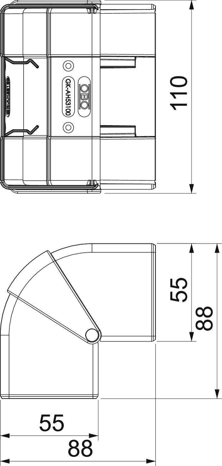 Dessin d'un coude de tuyau avec dimensions : longueur 110 mm, hauteur 88 mm, profondeur 55 mm. Présente une vue de dessus et une vue latérale du tuyau.