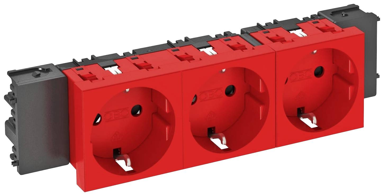 Barrette multiprise triple avec boîtiers rouges, montée sur rail. Adaptée aux installations électriques, compatible avec différents types de fiches.