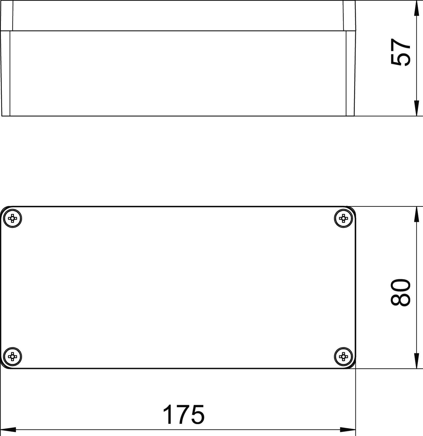 Dessin d'un boîtier rectangulaire avec des dimensions de 175 mm de largeur, 80 mm de hauteur et 57 mm de profondeur, incluant des trous de vis dans les coins.