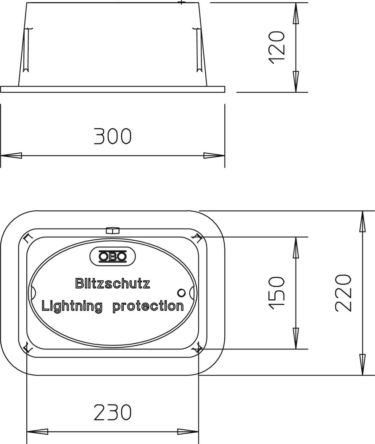 Dessin technique d'un boîtier de protection contre la foudre avec les dimensions 300 x 230 mm. Annoté : Protection contre la foudre, Lightning protection.