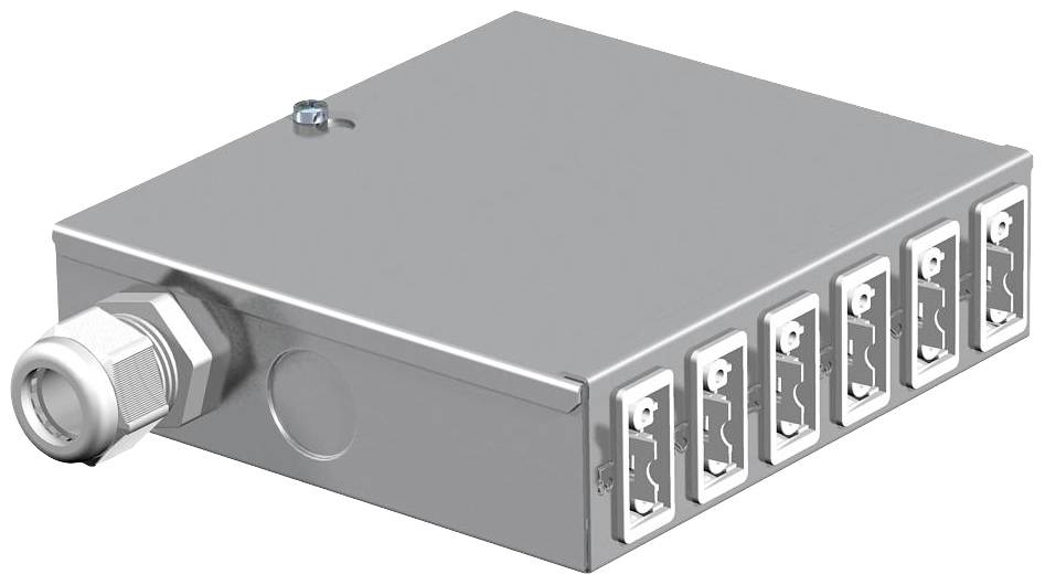 Boîtier métallique avec sept emplacements RJ45 et un presse-étoupe, adapté aux installations réseau industrielles.