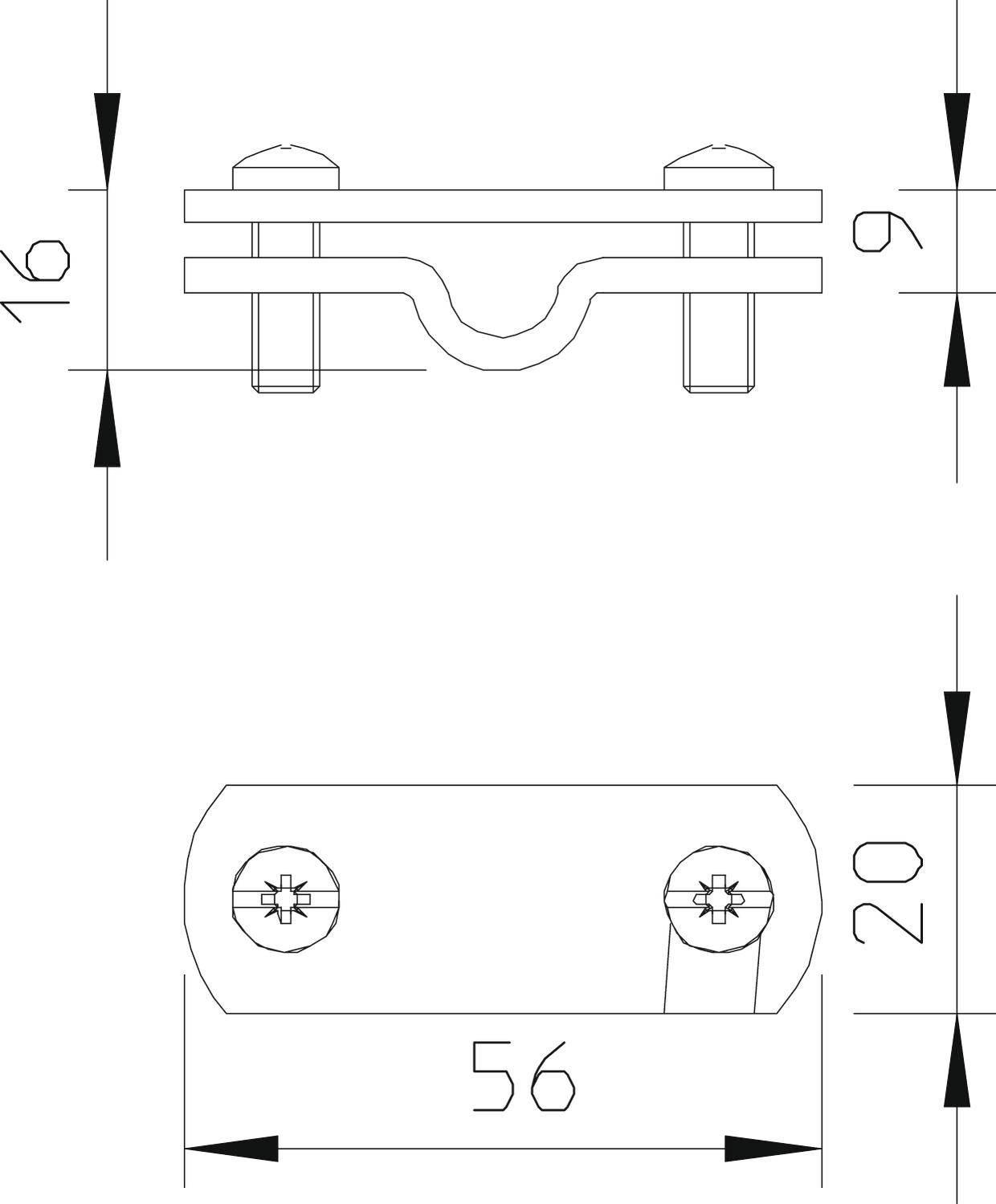 Dessin technique d'un serre-câble avec deux vis. Vue de dessus indiquant une distance de 56 mm, vue latérale montrant une hauteur de 16 mm.