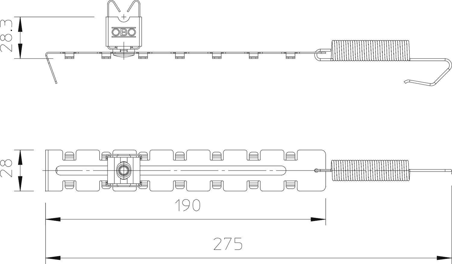 Dessin technique d'un objet rectangulaire avec des dimensions : 190 mm et 275 mm de largeur. Un ressort hélicoïdal est situé en haut à droite.