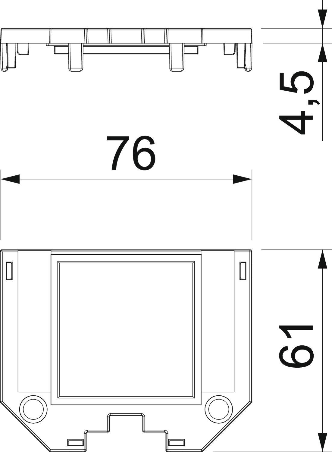 Dessin technique d'un appareil avec les dimensions 76 mm de largeur, 61 mm de hauteur et 4,5 mm de profondeur.